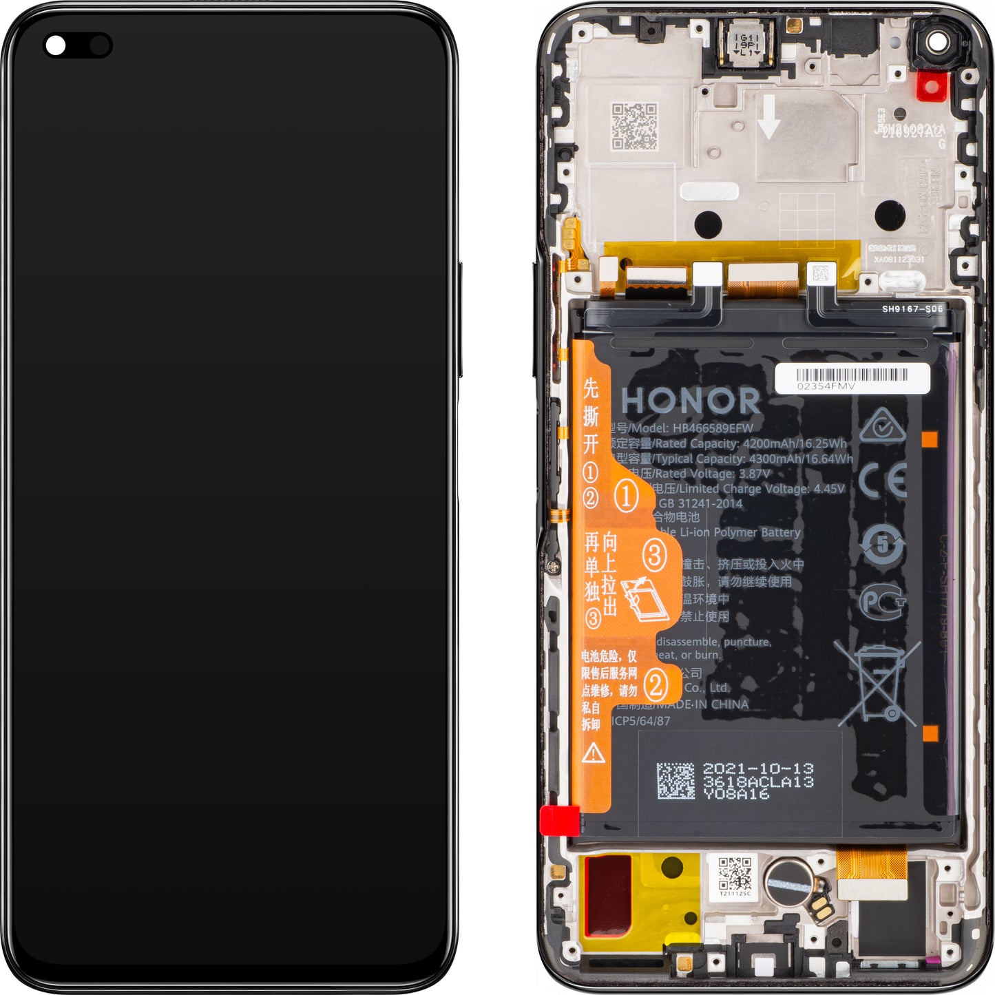 Touchscreen-Display Honor 50 Lite, mit Rahmen und Akku, Schwarz (Midnight Black), Service Pack 02354FMV