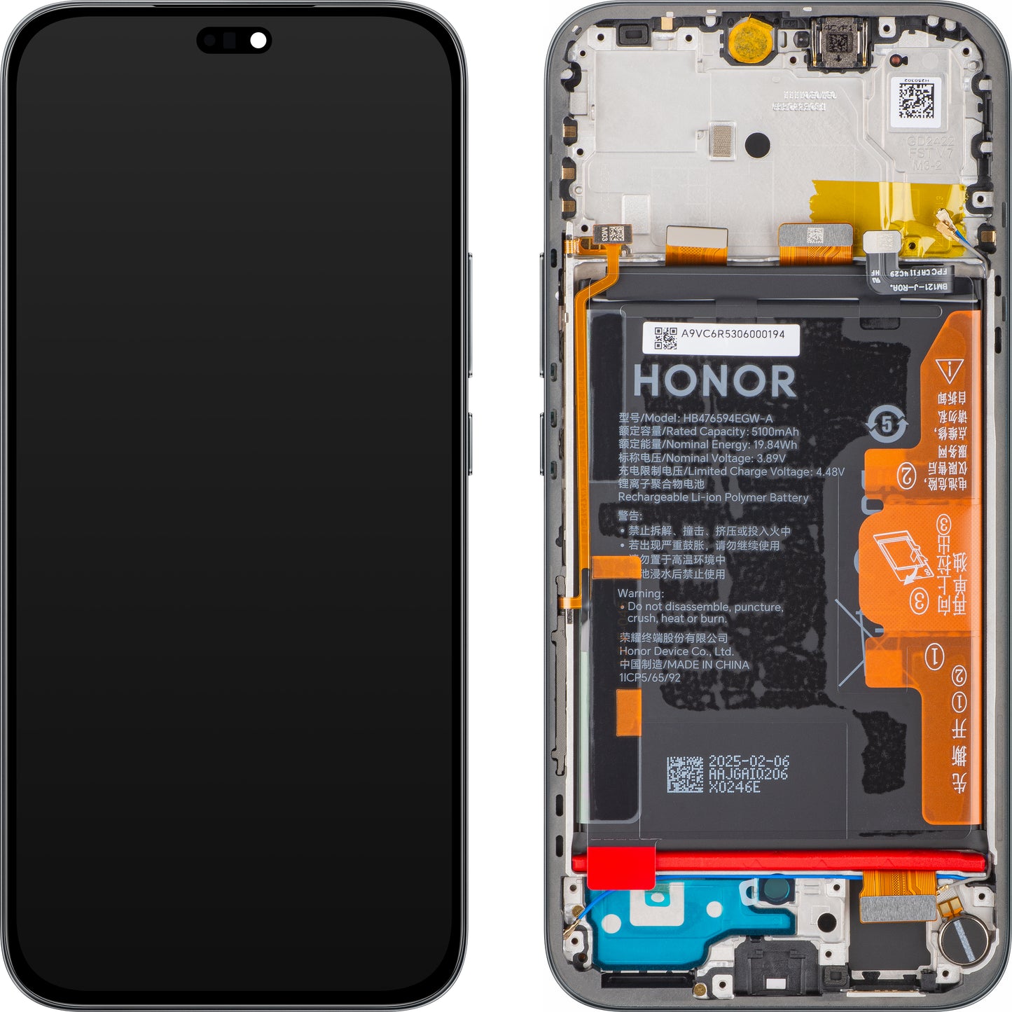 Honor 400 Lite Display with Touchscreen, Frame and Battery, Black (Velvet Black), Service Pack 0235ANSY