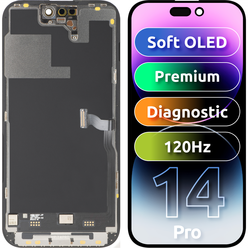 MP Touchscreen-Display kompatibel mit Apple iPhone 14 Pro, mit Rahmen, Premium Soft OLED FHD 120Hz Diagnostic Version, Schwarz