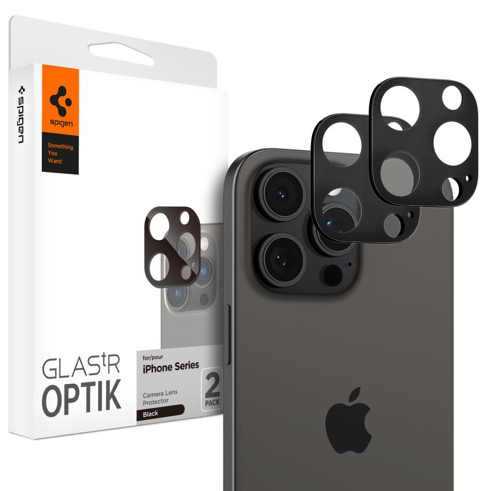 Schutzfolie für die Rückkamera Spigen GlastR Optik für Apple iPhone 16 Pro Max, gehärtetes Glas, Set mit 2 Stück, Schwarz AGL05273