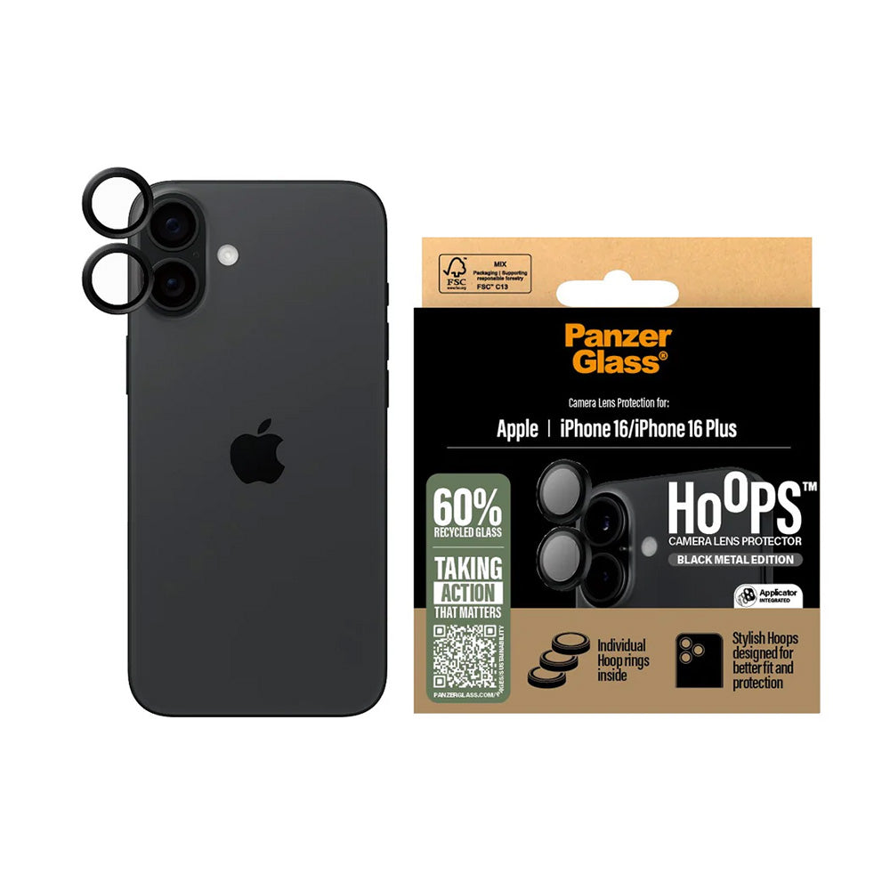 Schutzfolie PanzerGlass Hoops für die Rückkamera des Apple iPhone 16 Plus / 16, gehärtetes Glas, Schwarz