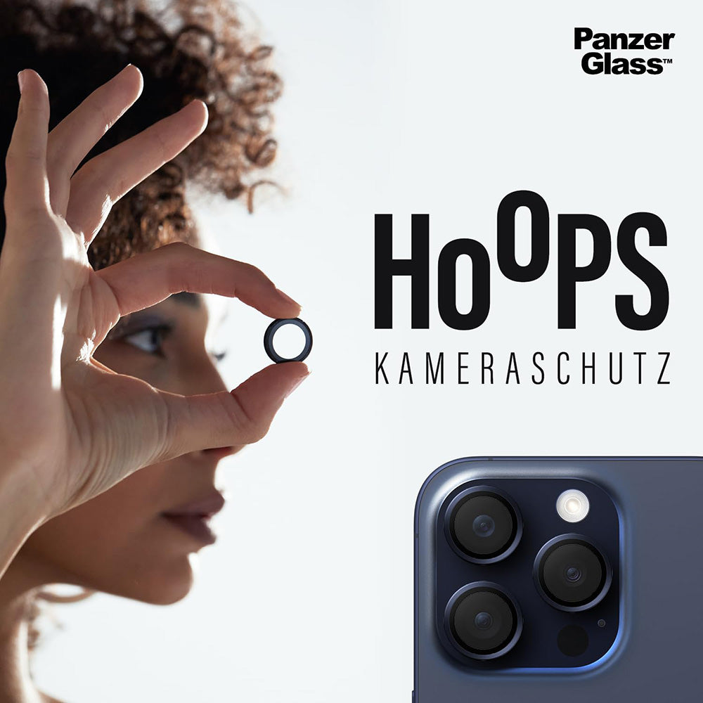 Schutzfolie PanzerGlass Hoops für die Rückkamera des Apple iPhone 16 Plus / 16, gehärtetes Glas, Schwarz