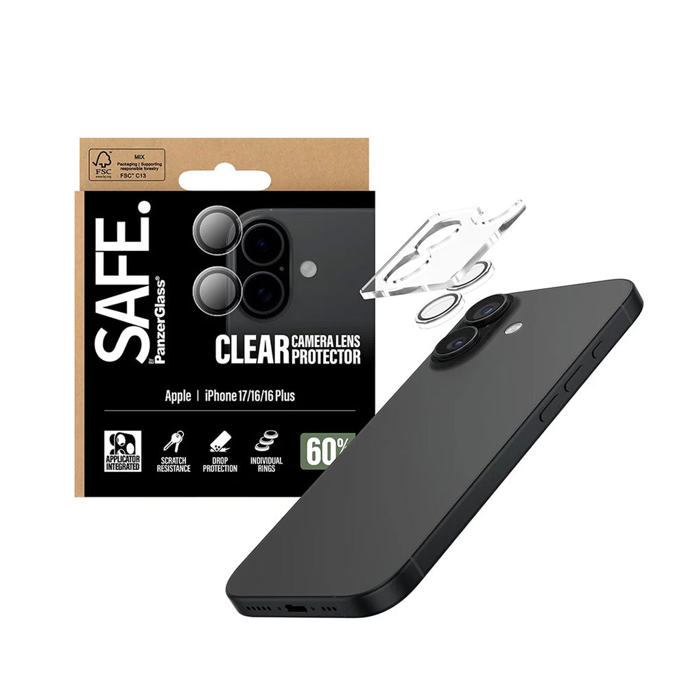 Schutzfolie PanzerGlass Safe für die Rückkamera. für Apple iPhone 17 / 16 Plus / 16, gehärtetes Glas, Transparent.