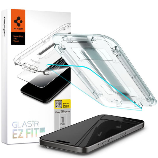 Spigen EZ FIT Displayschutzfolie für Apple iPhone 15 Pro Max, Glas geschützt, Vollverklebung, 2.5D AGL06878 AGL06878