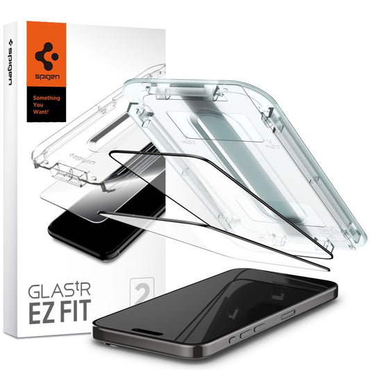 Spigen EZ FIT Displayschutzfolie für Apple iPhone 15 Pro Max, Glas abgeschirmt, Vollverklebung, Set 2 Stück, 2.5D, Schwarz AGL06873 AGL06873