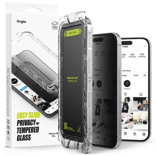 Privacy Screen Protector Ringke Easy Slide for Apple iPhone 16 Pro, Glass Protected, Full Glue, Set 2 pieces