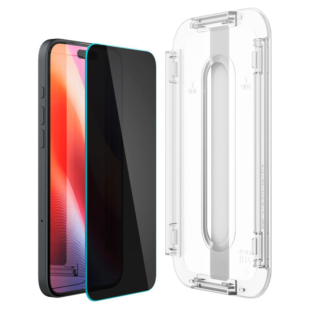 Displayschutzfolie Privacy Spigen GlastR EZ FIT für Apple iPhone 16 / 15, Gehärtetes Glas, Vollverklebung, Set 2 Stück AGL06905