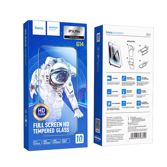 Schutzfolie HOCO für Apple iPhone 14 Pro, Gehärtetes Glas, Vollverklebung, Set mit 10 Stück, Schwarz