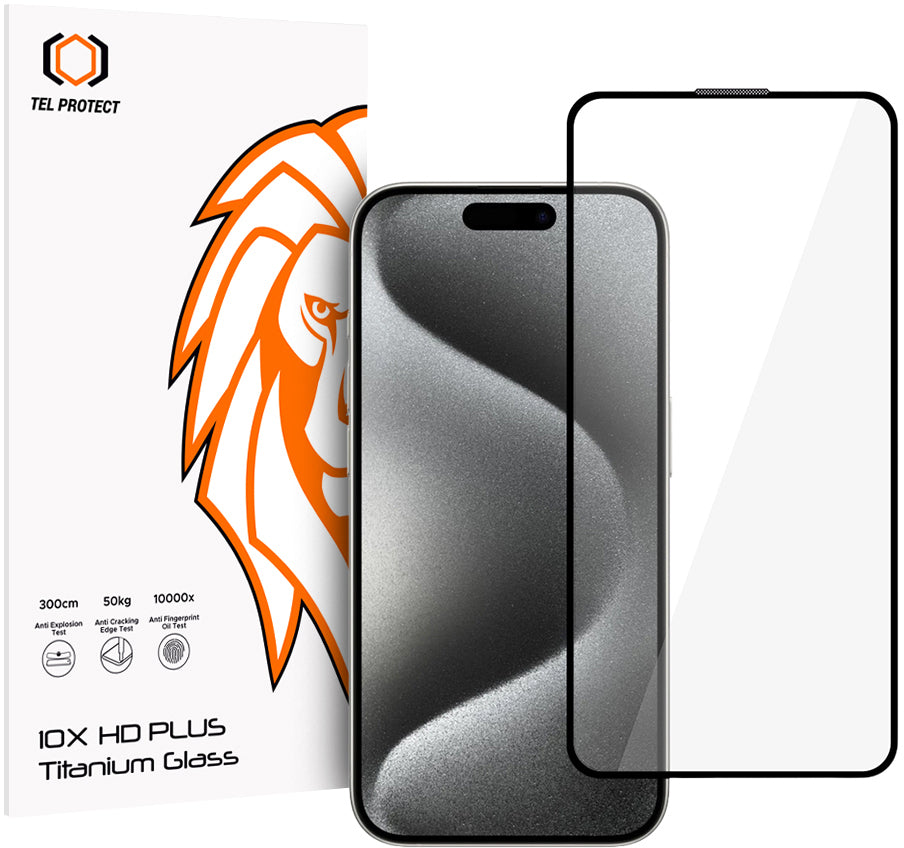 Tel Protect 10X HD Plus Titanium Displayschutzfolie für Apple iPhone 17 / 16 Pro, gehärtetes Glas, vollflächig klebend, schwarz