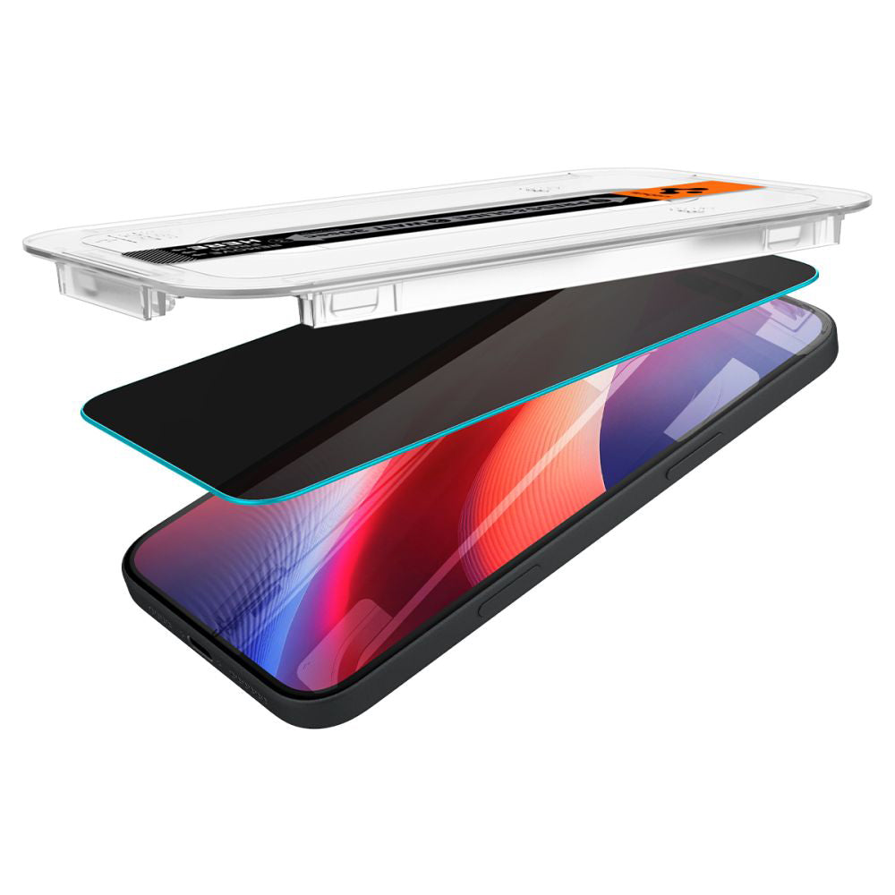 Displayschutzfolie Privacy Spigen GlastR EZ FIT für Apple iPhone 16 / 15, Gehärtetes Glas, Vollverklebung, Set 2 Stück AGL06905