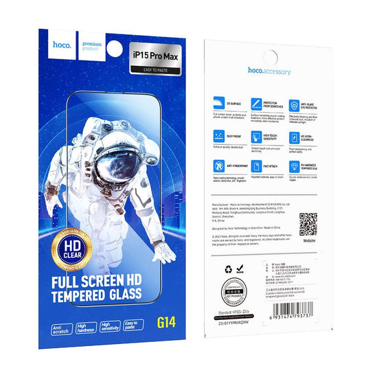 Schutzfolie HOCO G14 für Apple iPhone 15 Pro Max, gehärtetes Glas, Full Glue, Set 10 Stück, 5D, Schwarz