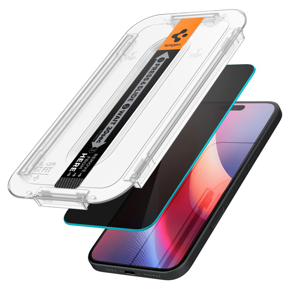 Displayschutzfolie Privacy Spigen GlastR EZ FIT für Apple iPhone 16 / 15, Gehärtetes Glas, Vollverklebung, Set 2 Stück AGL06905