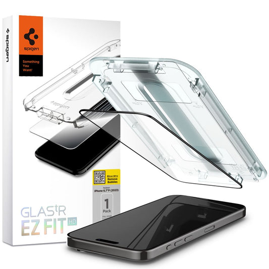 Spigen EZ FIT Displayschutzfolie für Apple iPhone 15 Pro Max, abgeschirmtes Glas, Vollverklebung, 2.5D, Case Friendly, Schwarz AGL06879 AGL06879