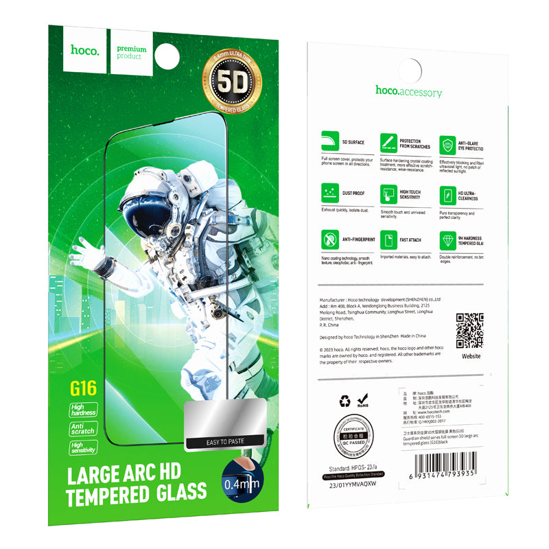 Schutzfolie HOCO G16 für Apple iPhone 14 Pro Max, Gehärtetes Glas, Vollkleber, 5D, Schwarz
