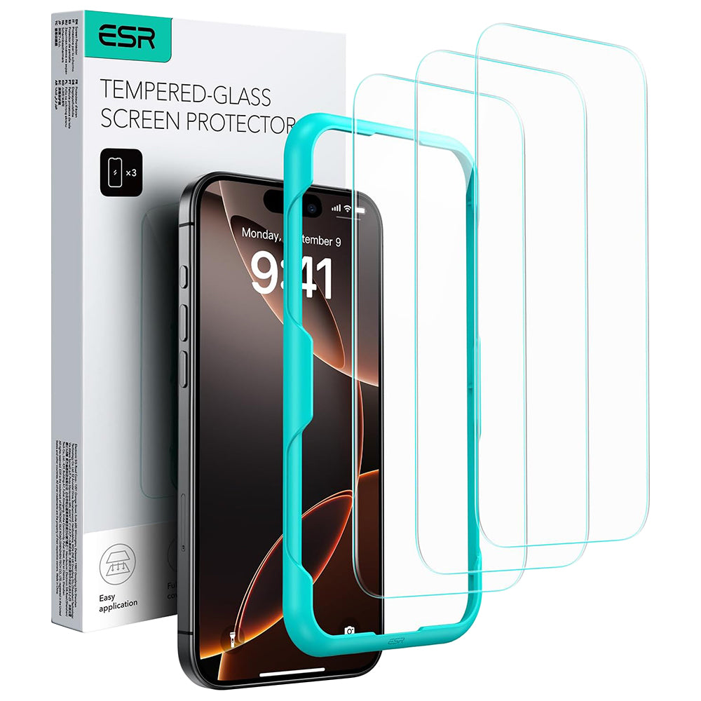 Schutzfolie ESR Bildschirm für Apple iPhone 17 / 16 Pro, Gehärtetes Glas, Vollverklebung, Set 3 Stück, Schwarz