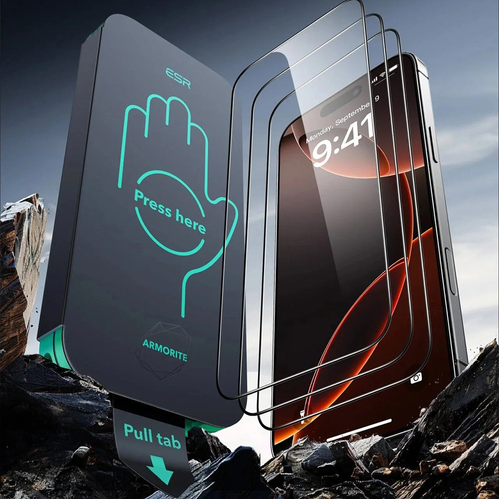 Schutzfolie ESR Armorite UltraFit für Apple iPhone 17 / 16 Pro, gehärtetes Glas, Full Glue, Set 3 Stück, Schwarz