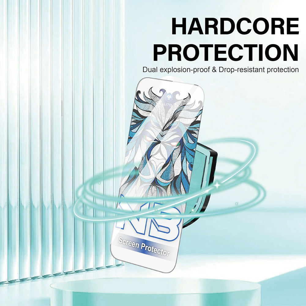 Schutzfolie Lito NB Bildschirm für Apple iPhone 17 / 16 Pro, Gehärtetes Glas, Vollkleber, Schwarz