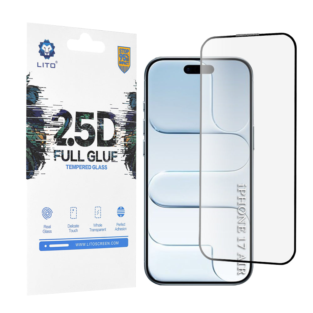 Schutzfolie Lito für Apple iPhone 17 Air, gehärtetes Glas, Full Glue, 2.5D, Schwarz