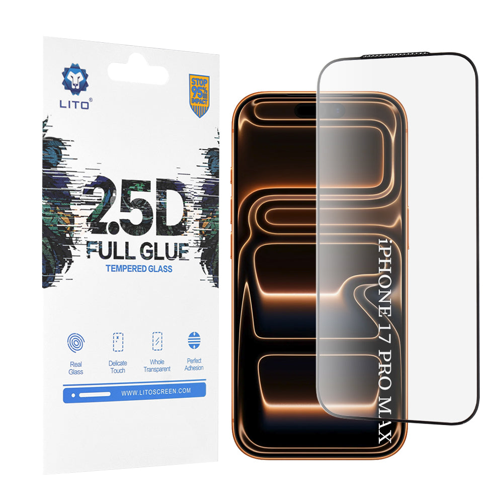Schutzfolie Lito für Apple iPhone 17 Pro Max, gehärtetes Glas, Full Glue, 2.5D, Schwarz