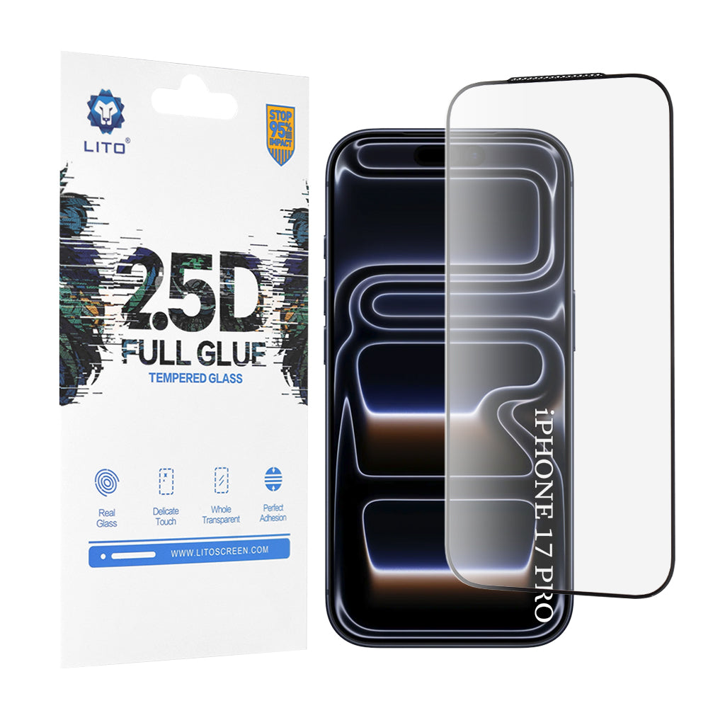 Schutzfolie Lito Bildschirm für Apple iPhone 17 Pro, Gehärtetes Glas, Full Glue, 2.5D, Schwarz
