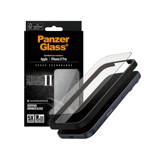 PanzerGlass Ultra-Wide Ceramic II EasyAligner Screen Protector for Apple iPhone 17 Pro, Tempered Glass, Full Glue, Black