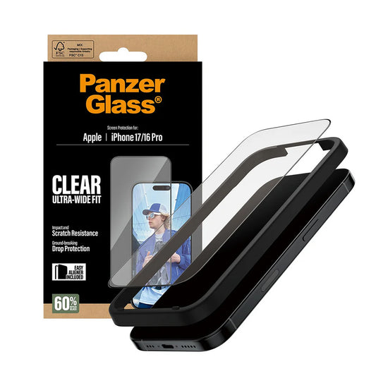 PanzerGlass Ultra-Wide Fit EasyAligner Screen Protector for Apple iPhone 17 / 16 Pro, Tempered Glass, Full Glue, Black