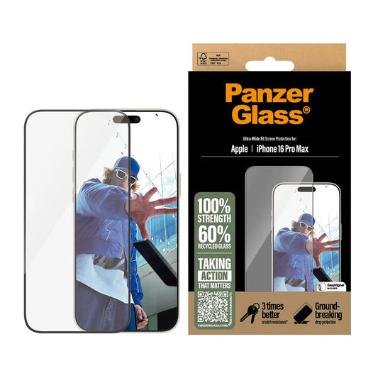 PanzerGlass Ultra-Wide Fit Screen Protector for Apple iPhone 16 Pro Max, Tempered Glass, Full Glue, Black
