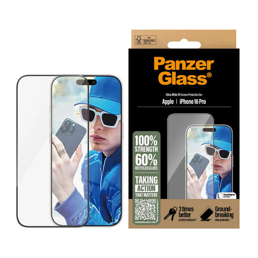 PanzerGlass Ultra-Wide Fit Screen Protector for Apple iPhone 16 Pro, Tempered Glass, Full Glue, Black