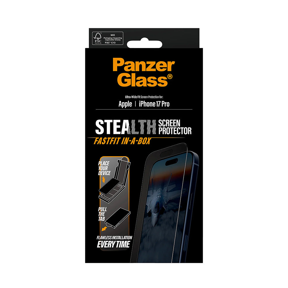 Schutzfolie PanzerGlass Ultra-Wide Fit Stealth Fastfit für Apple iPhone 17 Pro, gehärtetes Glas, Full Glue, Schwarz