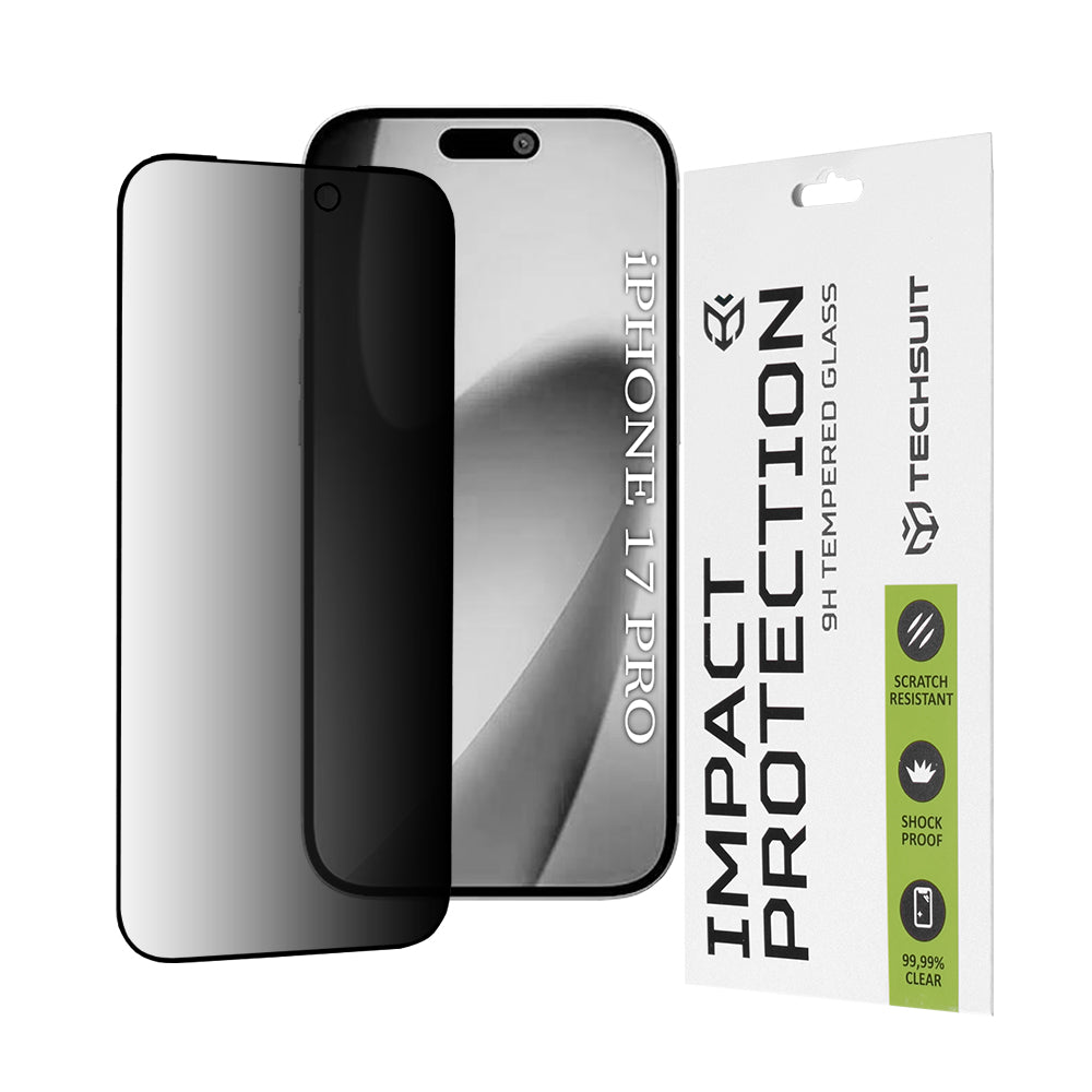 Schutzfolie Privacy Techsuit für Apple iPhone 17 Pro, gehärtetes Glas, Full Glue, 111D