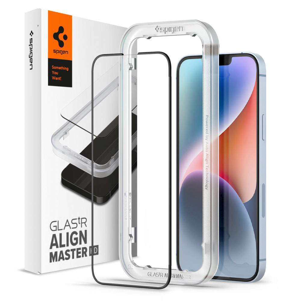 Displayschutzfolie Spigen GlastR Align Master für Apple iPhone 17e / 16e / 14 / 13 Pro, gehärtetes Glas, vollflächiger Kleber, Schwarz AGL03725