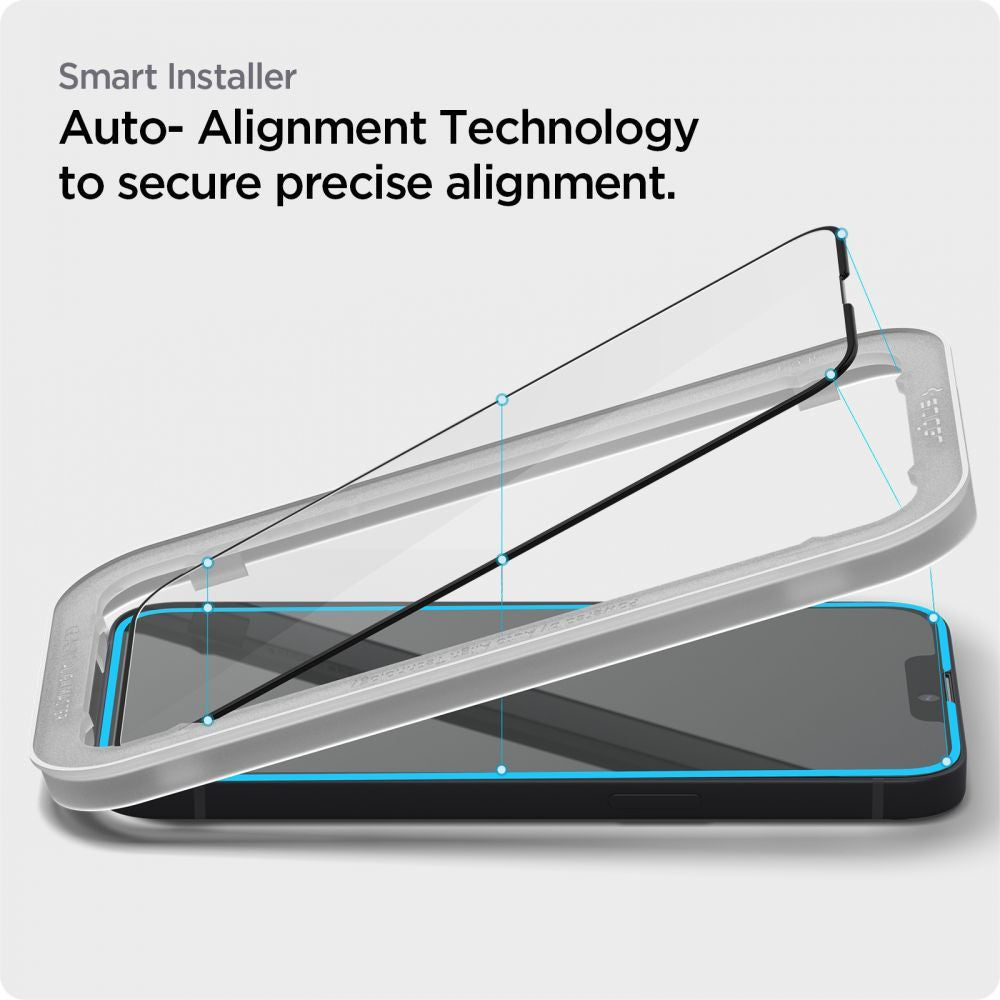 Displayschutzfolie Spigen GlastR Align Master für Apple iPhone 17e / 16e / 14 / 13 Pro, gehärtetes Glas, vollflächiger Kleber, Schwarz AGL03725