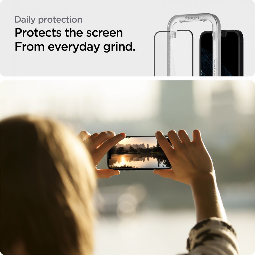 Displayschutzfolie Spigen GlastR Align Master für Apple iPhone 17e / 16e / 14 / 13 Pro, gehärtetes Glas, vollflächiger Kleber, Schwarz AGL03725
