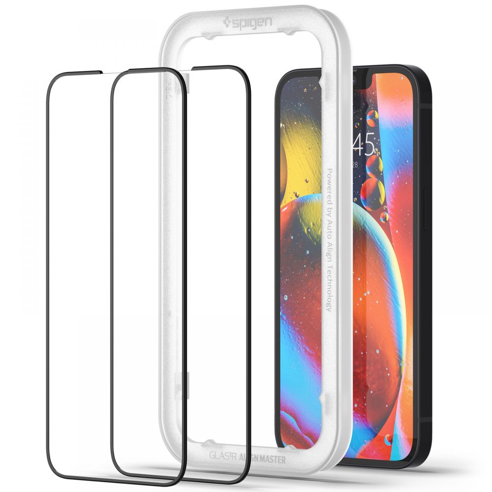 Schutzfolie Spigen GlastR Align Master für Apple iPhone 17e / 16e / 14, gehärtetes Glas, Full Glue, Set 2 Stück, Schwarz AGL03387