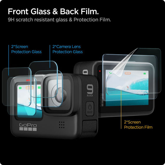 Displayschutz- und Linsenfolie Spigen GlastR Slim für GoPro Hero 12 / 9 / 10 / 11, gehärtetes Glas, Set 6 Stück AGL03045