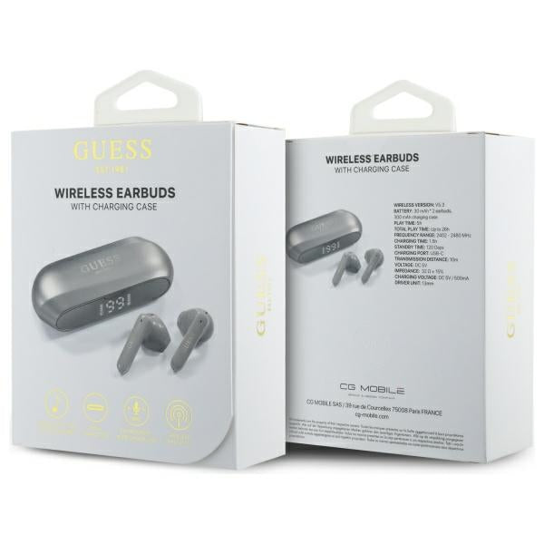 Bluetooth-Freisprecheinrichtung Guess mit verlängertem metallischem Logo-Druck, TWS, Grau