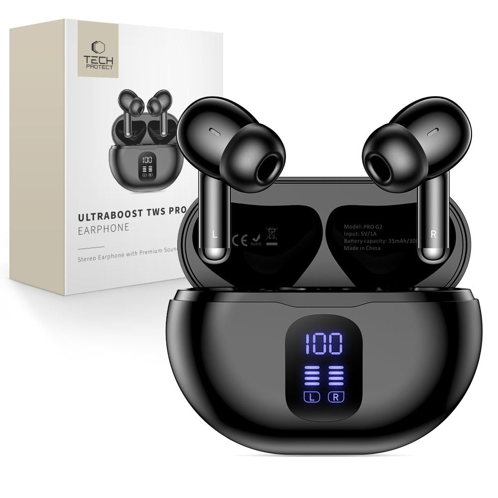 Handsfree Bluetooth Tech-Protect Ultraboost Pro G2, TWS, Black