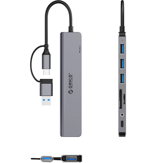 USB / USB-C Hub Orico YSA8-U3, 1 x USB-A 3.0 - 3 x USB-A - 1 x USB-C - 1 x 3.5mm Klinke - 1 x SD - 1 x microSD, Schwarz