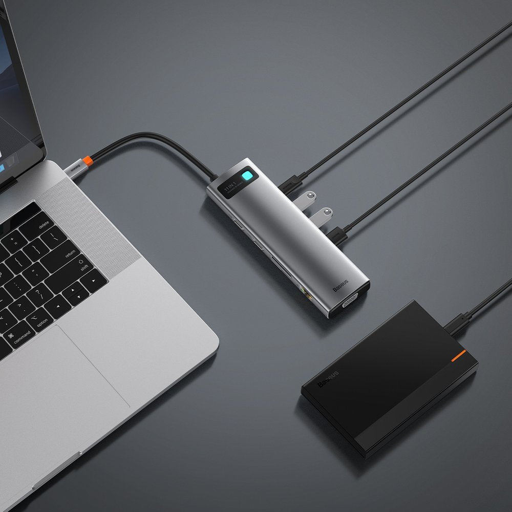 Baseus Metal Gleam USB-C Hub, 3 x USB-A 3.0 - 1 x USB-C - 2 x HDMI - 1 x VGA - 1 x 3.5mm Jack - 1 x RJ45 - 1 x SD - 1 x microSD, Gray CAHUB-CT0G