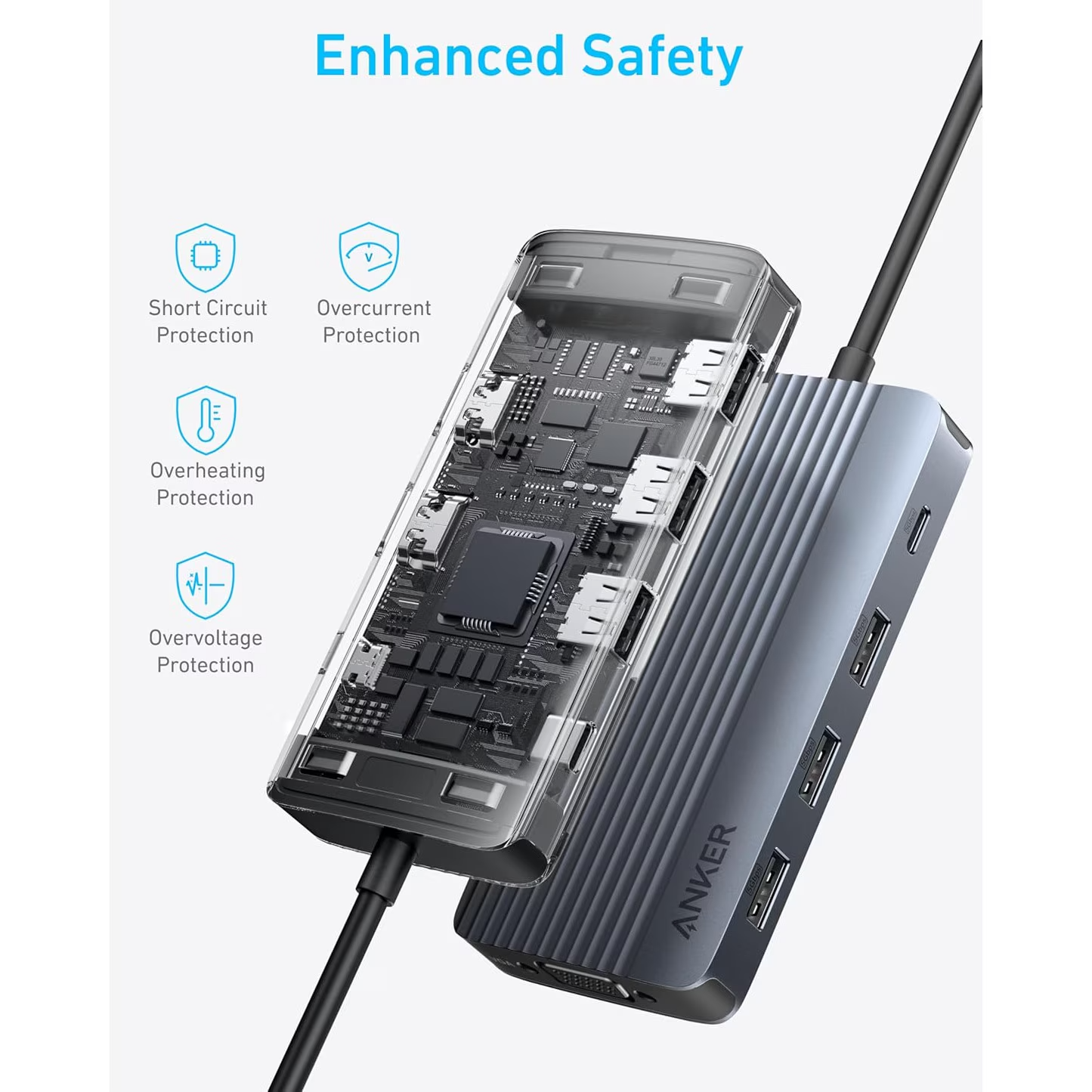 Hub USB-C Anker, 3 x USB-A 3.0 - 2 x USB-C - 2 x HDMI - 1 x VGA, Grau A83790A2