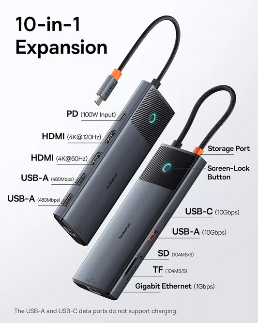 Hub USB-C Baseus Dual Display, 1 x USB-A 3.0 - 2 x USB-A - 2 x USB-C - 2 x HDMI - 1 x RJ45 - 1 x SD - 1 x microSD, Schwarz B00061800123-01