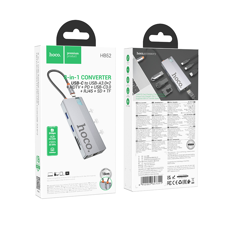 USB-C Hub HOCO HB52, 2 x USB-A 3.0 - 2 x USB-C - 1 x HDMI - 1 x RJ45 - 1 x SD - 1 x microSD, Grau