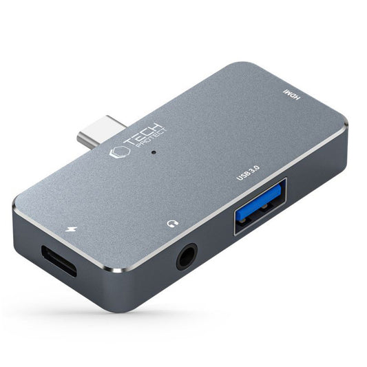 Hub USB-C Tech-Protect V6, 1 x USB-A - 1 x USB-C - 1 x HDMI - 1 x 3,5mm Klinke, Grau