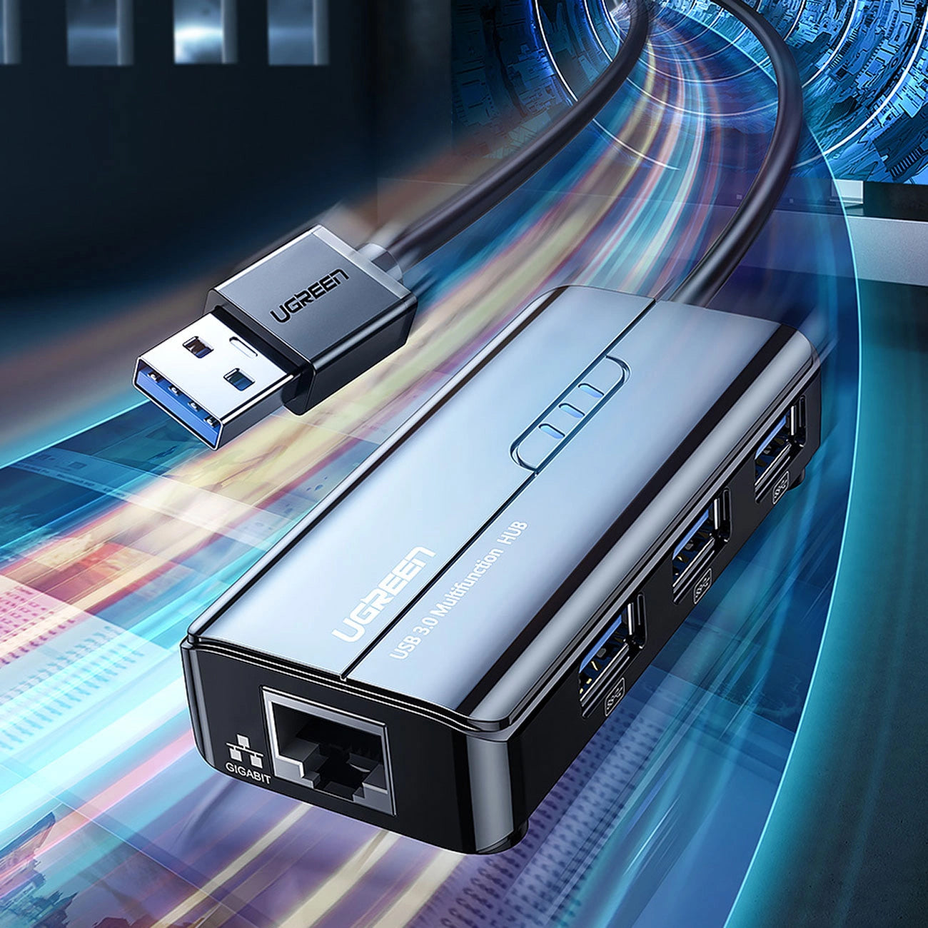 USB-Hub UGREEN 20265, 3 x USB-A 3.0 - 1 x RJ45, Schwarz