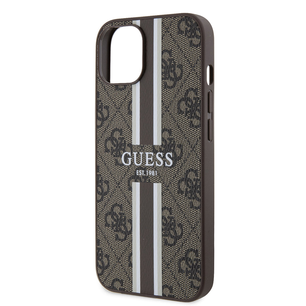 MagSafe Case for Apple iPhone 15, Guess, 4G Printed Stripes, Brown