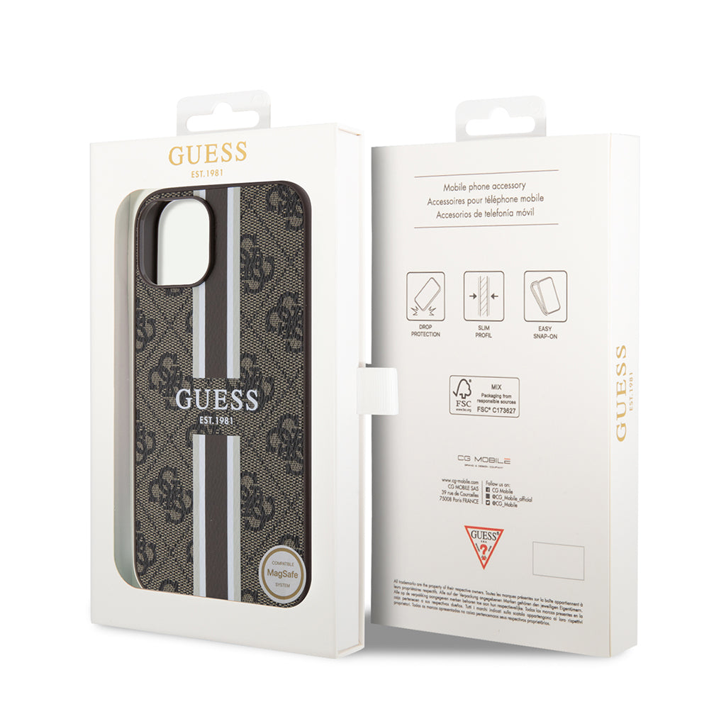MagSafe Case for Apple iPhone 15, Guess, 4G Printed Stripes, Brown