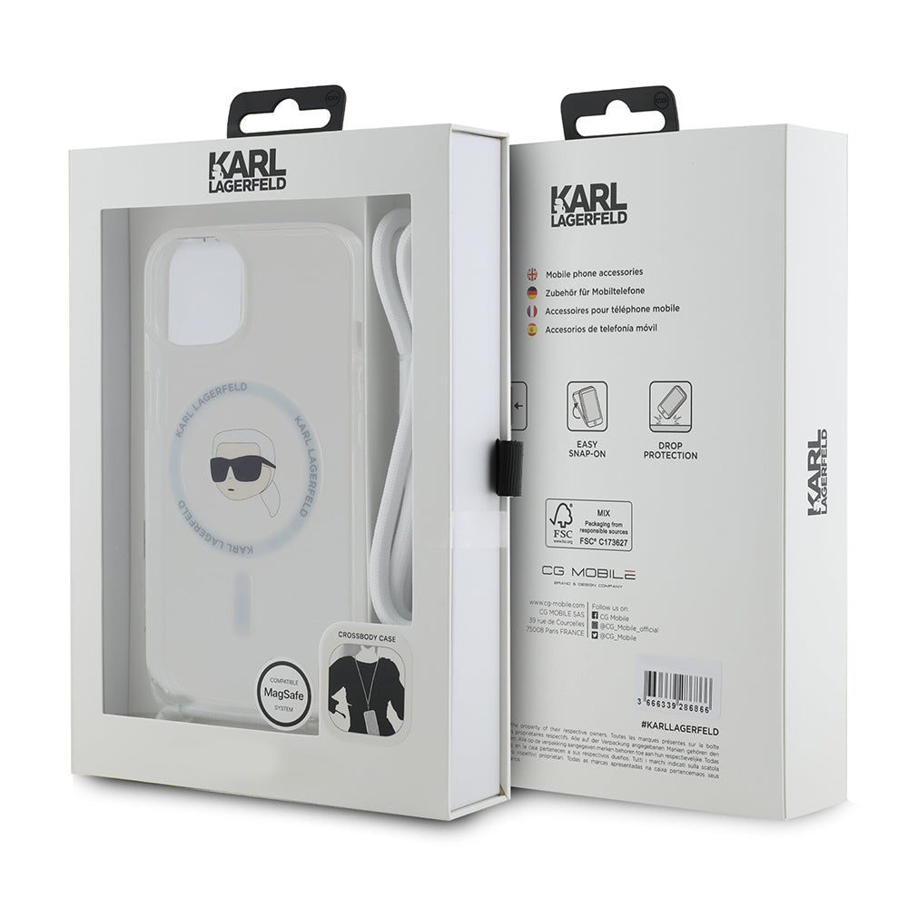 MagSafe Hülle für Apple iPhone 15, Karl Lagerfeld, IML Crossbody Karl's Head, Transparent