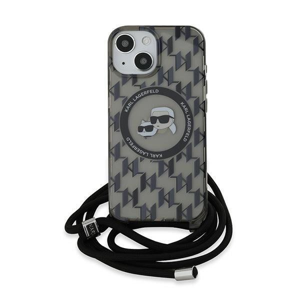 MagSafe Hülle für Apple iPhone 15, Karl Lagerfeld, IML Crossbody Monogram Karl & Choupette's Heads, Schwarz