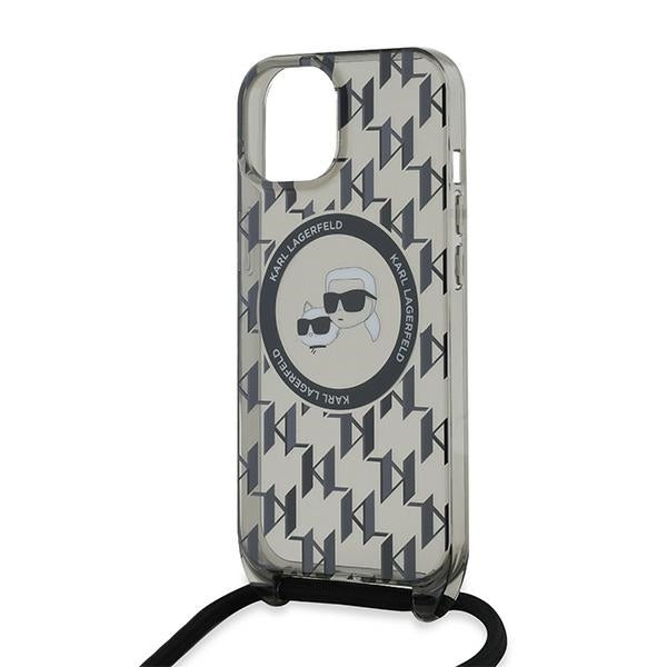 MagSafe Hülle für Apple iPhone 15, Karl Lagerfeld, IML Crossbody Monogram Karl & Choupette's Heads, Schwarz