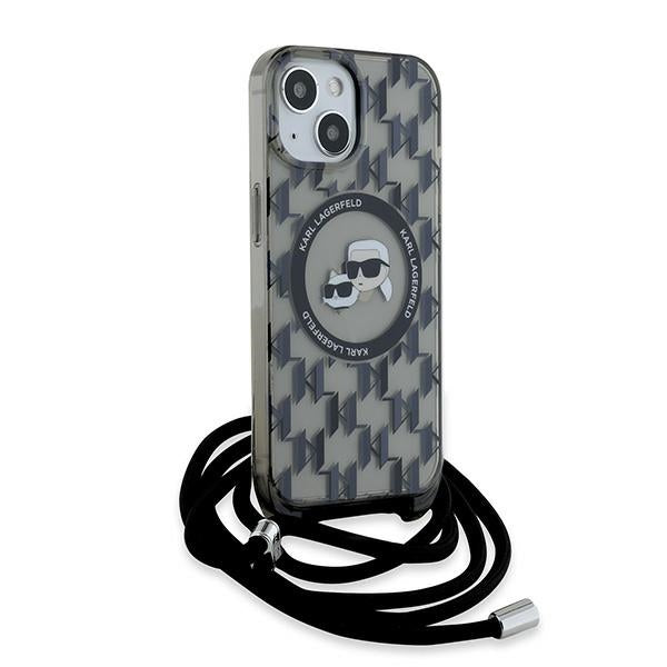 MagSafe Hülle für Apple iPhone 15, Karl Lagerfeld, IML Crossbody Monogram Karl & Choupette's Heads, Schwarz